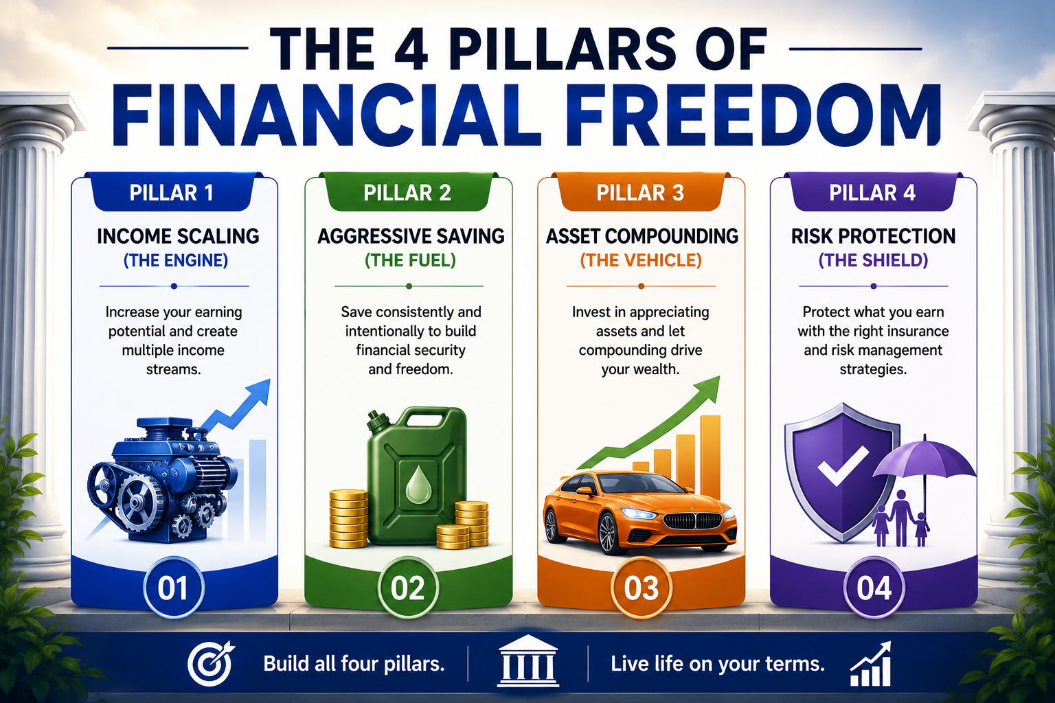 The 4 Pillars of Financial Freedom infographic showing income scaling, aggressive saving, asset compounding, and risk protection as the foundation of long-term wealth building.