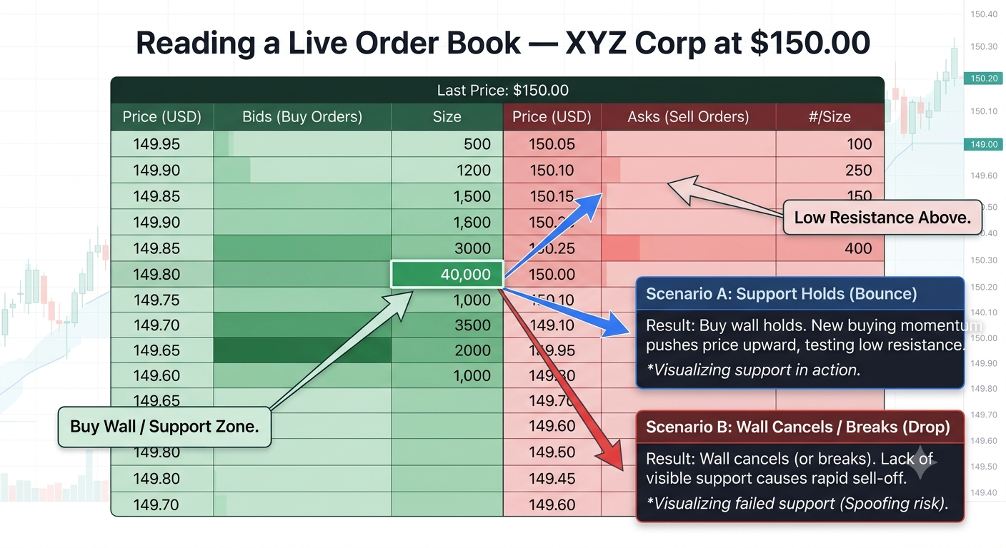 Annotated DOM mockup infographic titled "Reading a Live Order Book — XYZ Corp at $150.00" showing green buy order bids, red sell order asks, a highlighted 40,000-share buy wall at $149.80, and scenario flowcharts for price bounce versus spoofing/drop risks.