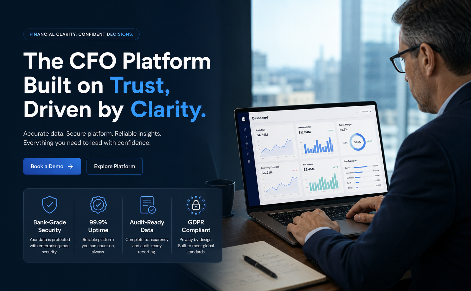 Virtual CFO reviewing financial dashboards on a laptop with secure remote accounting services and trusted financial management solutions.