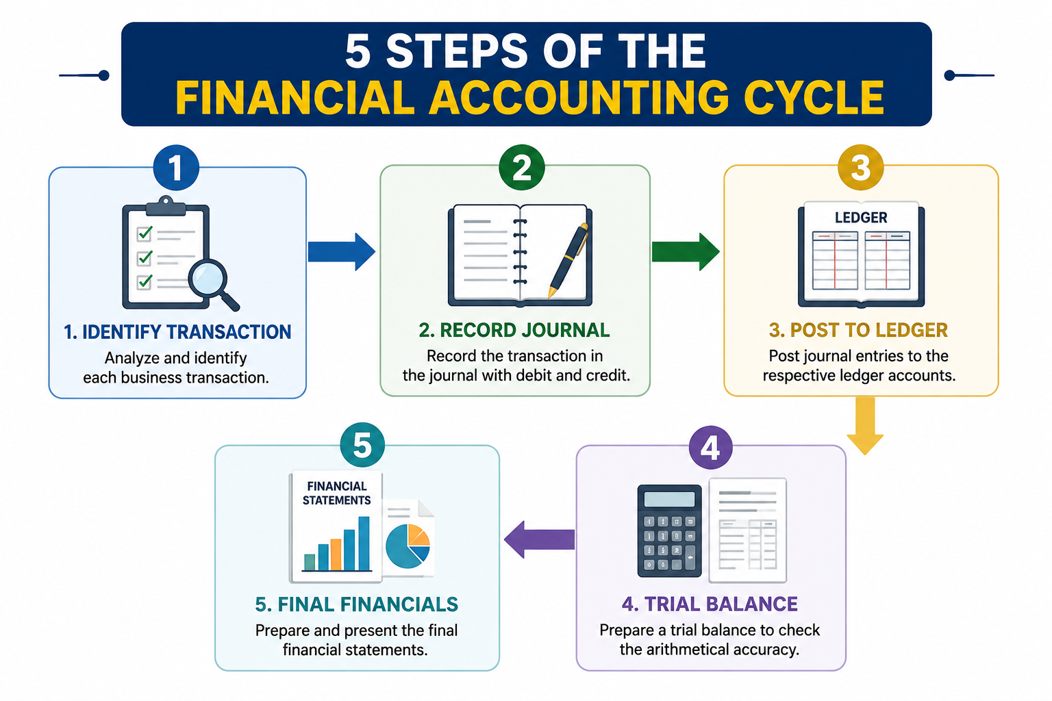 Financial accounting infographic showing the 5 steps of the financial accounting cycle, including identifying transactions, recording journal entries, posting to the ledger, preparing a trial balance, and creating final financial statements.