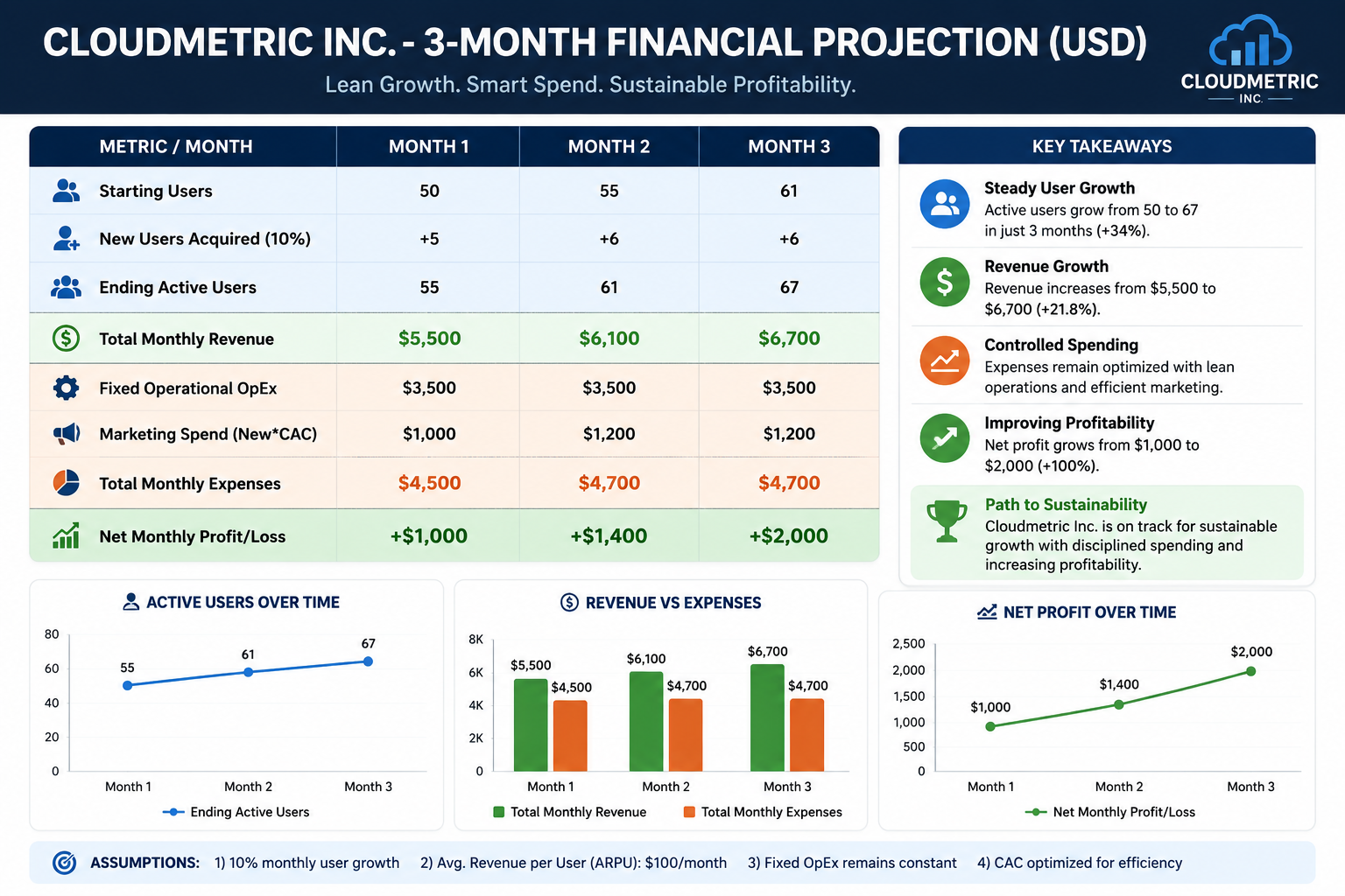 Cloudmetric Inc. 3-month financial projection showing user growth, revenue increase, operating expenses, and net profit forecast in a startup financial modelling dashboard
